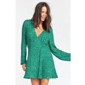 Show Me Your MuMu Phyllis Emerald Beaded Sequins V-Neck Wrap Mini Dress size XS